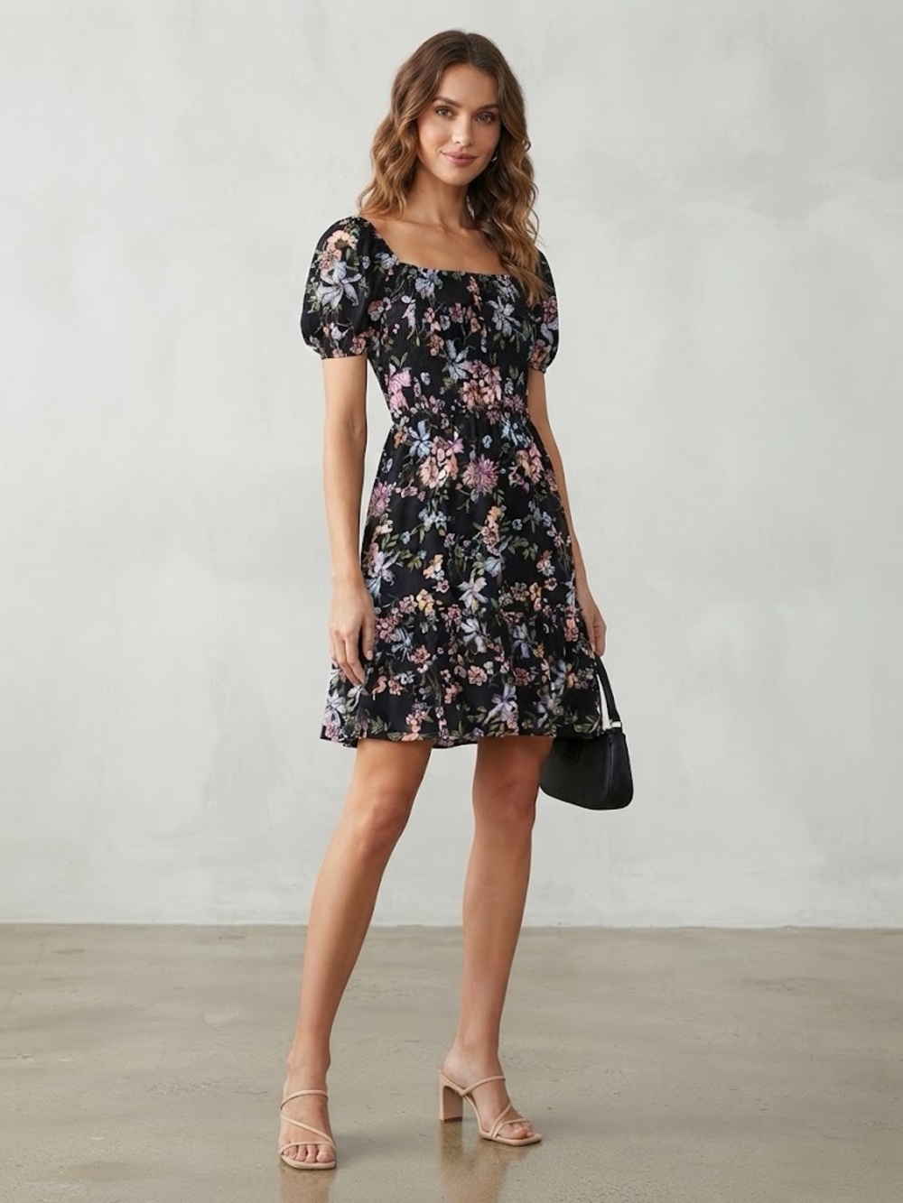 Floral Square-Neck Puff Sleeve Dress - Black Floral